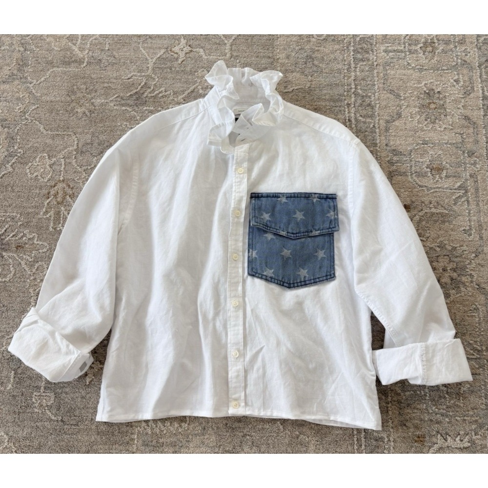 Upcycled White Linen Blend Ruffle Collar Button Down Shirt Womens Denim Pocket